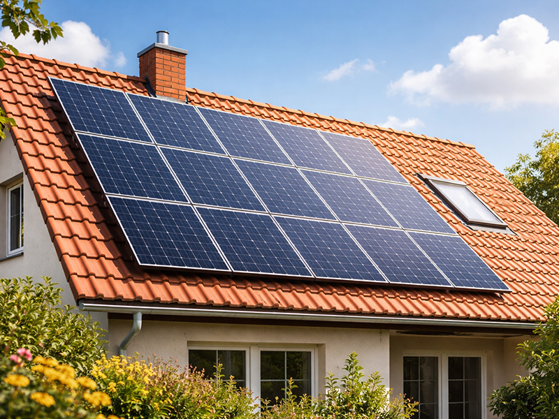 Suburban house with roof mounted solar-panels